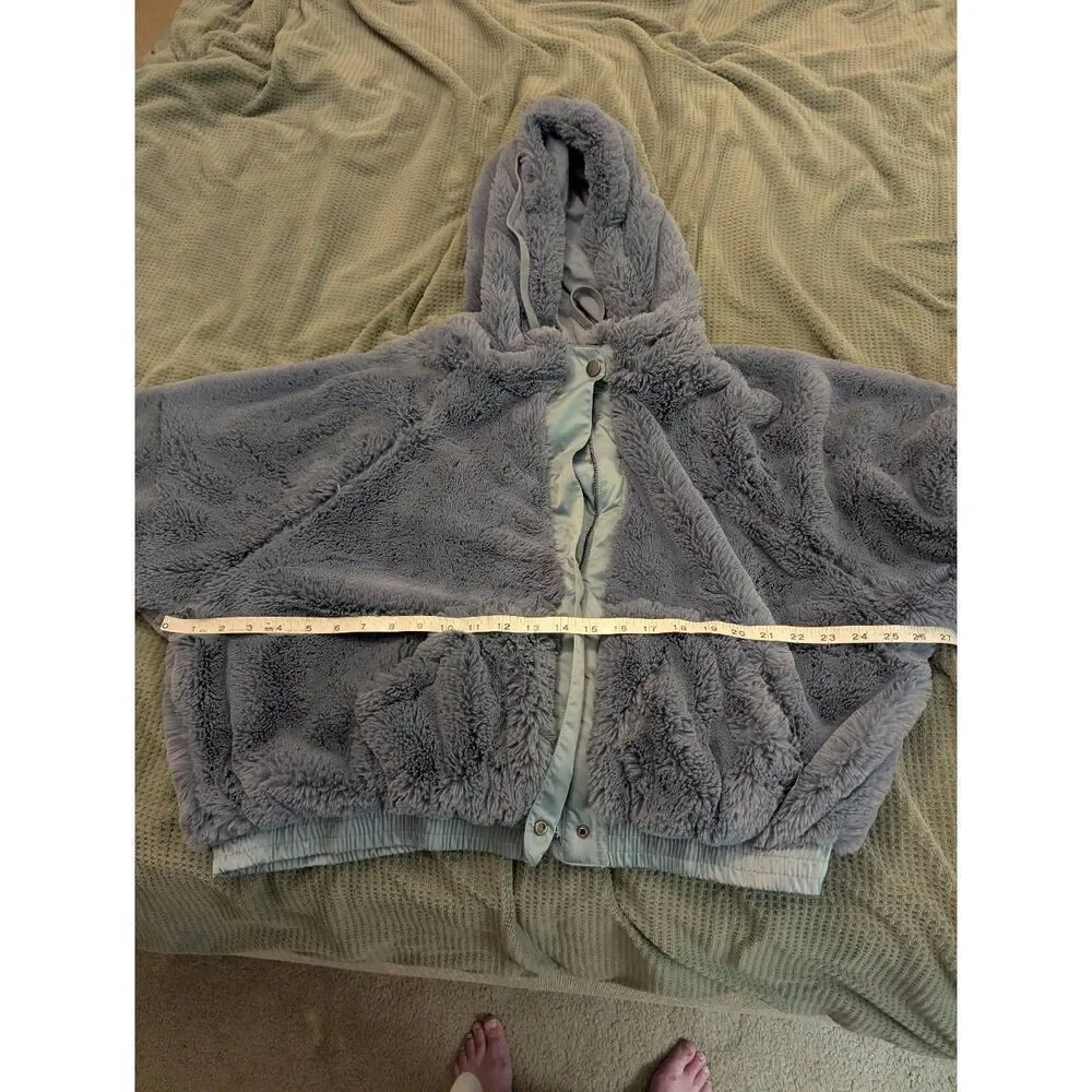 Free People Women's Love It Soft Hoodie Bomber Jacket Blue Grey Large Faux Fur